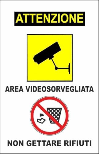 M-ITALY CARTELLO SEGNALETICO - AREA VIDEOSORVEGLIATA NON GETTARE RIFIUTI - Adesivo Extra Resistente, Pannello in Forex, Pannello In Alluminio (Alluminio, 20x31 cm)