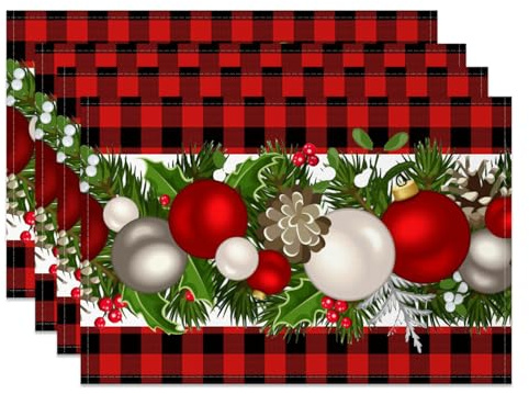 MIRRORANG Weihnachts Tischsets, 4er Set, 45x30cm, schwarz rot kariert, Stechpalmen, Tannenzapfen, Weihnachtskugeln, Bedruckt, wasserdicht, ölbeständig, für Partys, Esstischdekoration