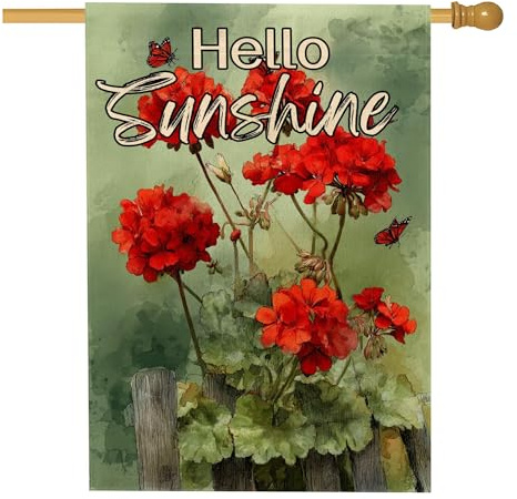 Hello Sunshine Bandera de jardín de geranio rojo, mariposa floral colorida para decoración del hogar, arpillera de doble cara, decoración de patio al aire libre para primavera y verano, 28 x 40