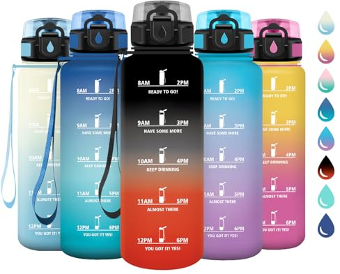Trinkflasche Sport 1.5L, Sportflasche mit Filter, Wasserflasche Kohlensäure Geeignet, Auslaufsicher, Motivierende Trinkflasche mit Zeitmarkierung, Perfekt für Laufen, Camping, Radfahren, Wandern