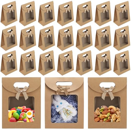 24 Stück Geschenktüte mit Fenster, 16 x 12 x 6cm Braune Papiertüten, Geschenktüten mit Griffen, Kraftpapier Verpackungsbeute Geschenkbox mit Sichtfenster für Bankett Geschenke Süßigkeiten Keksen