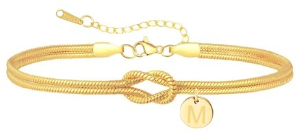 TOLOWOBK Bracelet Initiale Femme en Plaqué Or 18K Double Chaîne Serpent | Maille Nœud d'Amour, Pendentif Disque Lettre A-Z Acier Inoxydable, Cadeau Personnalisé Anniversaire Noël Saint-Valentin