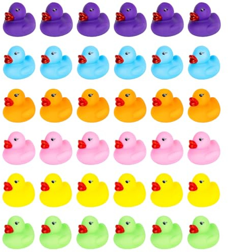 36 pato de goma, pato chirriante de goma, juguete de baño colorido para niños, 6 colores amarillo, naranja, rosa, azul, verde, morado, 3,55 x 3,75 x 3,1 cm, juego de patos de goma