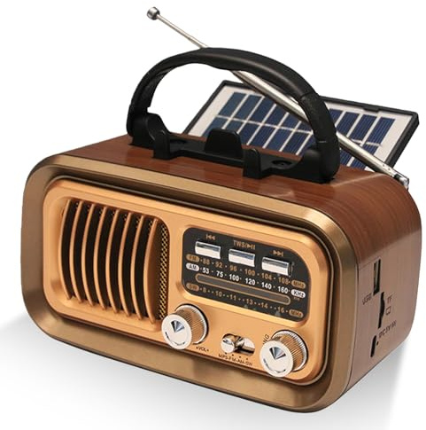 Tragbar Retro Radio mit Bluetooth, AM/FM/SW Solar Kofferradio Batteriebetrieb/D-Zellen Betrieb, Lautsprecher Küchenradio mit Solarpanel Handyständer Unterstützt USB/TF-Karte Vintage Radio(Gold)
