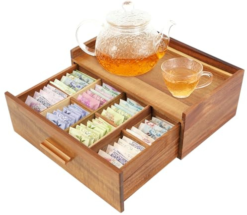 Tea Bag Storage Wooden, Tea Box Organiser 8 Compartment Teabag Storage Drawers, Tea Station Organizer with Drawer Tea Caddy Box, Teabag Holder Container Boxes for Countertop (32.3x20.5x12.5CM)
