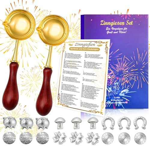 Keadrsa Zinngießen Set für Silvester 2026, 18 Zinnfiguren und 2 Löffel, gesunde Alternative zum Bleigießen, inklusive Orakelheft mit Deutungen, ideal als Partyspiel, Geschenk und Glücksbringer