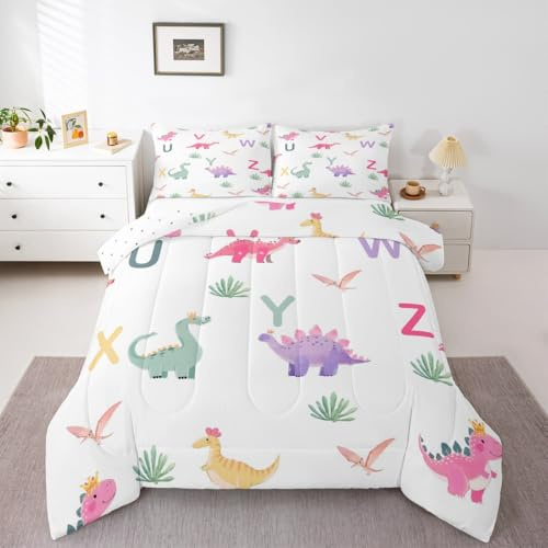 Loussiesd Söt dinosaurie sängkläder set alla årstider tecknad dinosaurie täcke set enkel storlek med 1 örngott initial bokstav alfabet mikrofiber barn sängkläder vilda djur andas mjuka