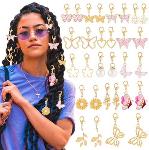 DELORIGIN 30Pcs Gold Hair Jewelry with Butterfly Flower Charm Pearl Heart Braids Clips Metal Hair Cuffs Charms Rings Locs Jewelry Pendant Dreadlock Decorations Accessories for Women