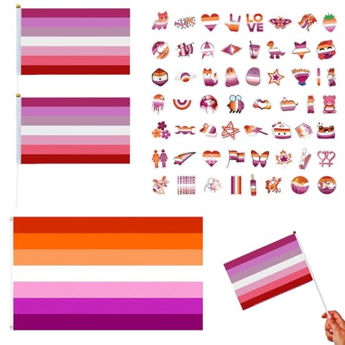 RUINUVYS Bandera Lesbiana 150x90 cm + 2 Banderas pequeñas 14x21 cm con 50 Pegatinas de Orgullo LGBT, decoración para Fiestas y Eventos, Material Resistente para Interiores y Exteriores