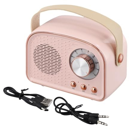 Retro Bluetooth-Lautsprecher, mit FM Radio, Kabellos, 5 Stunden Akku, Kristallklarer Stereo Sound mit Tiefer Basswiedergabe, Tragbar mit Handgriff, kompatibel mit Bluetooth-5.0 Geräten(Pink)