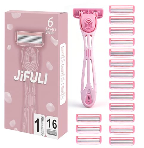 JiFULI Rakapparat kvinnor, återanvändbart handtag, 16 original reservpatroner med 6 blad, rakapparat damer intimt område kvinna intim zon (rosa)