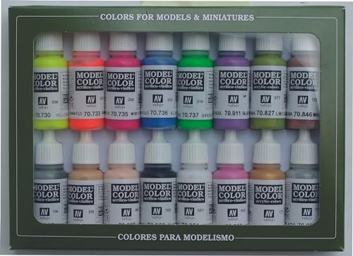 Vallejo Model Color Set de Pintura Acrílica Wargame Special. Kit de 16 Colores de Acabado Mate en Botellas de 18 Ml con Cuentagotas y Una Carta de Colores para Modelismo y Wargame