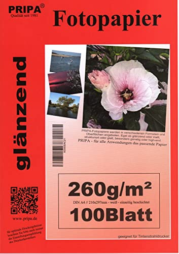 pripa 100 Blatt Fotopapier DIN A4, 260g/qm, high -glossy glaenzend -sofort trocken -wasserfest-hochweiß-sehr hohe Farbbrillianz, fuer InkJet - Tinten Drucker