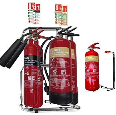 Medium/Large Office Fire Safety Pack. 2 X Fire Extinguisher Set with Double Stand and ID Signs + Small Kitchen Extinguisher. Covers All Types of fire Risk. Ideal for Any Workplace. BS Kitemarked