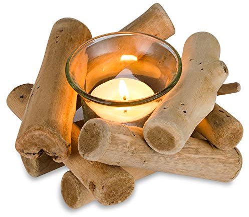 Sziqiqi Rustikale Kerzenständer Teelichthalter Holz, Kerzenhalter Vintage mit Glas Tasse Windlicht Treibholz Deko Kerzenleuchter für Wohnzimmer Hochzeit Esstisch Tischdeko