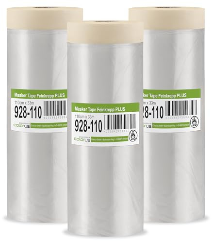 Colorus Abdeckfolie mit Malerkrepp 3er Set 110 cm x 33 m Masker Tape | Selbstklebende Malerfolie für große Flächen, Wände und Türen – UV-beständig und rückstandsfrei ablösbar