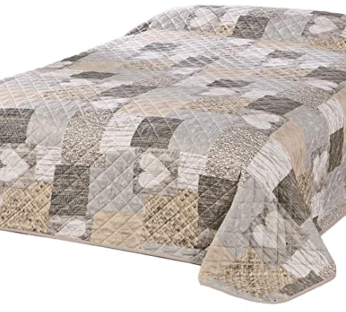 Delindo Lifestyle Tagesdecke Bettüberwurf Herzen für Doppelbett, Patchwork braun, 220x240 cm
