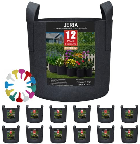 JERIA 12-Pack 3 Gallon, Vegetable/Flower/Plant Grow Bags, Aeration Fabric Pots with Handles (Black) ，Come with 12 Pcs Plant Labels