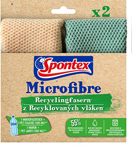 Spontex Microfibre Recyclingfasern, Mikrofasertücher mit 55% Recyclingfasern, hohe Saugfähigkeit, vielseitig einsetzbar, 30 x 30 cm, 2er Pack