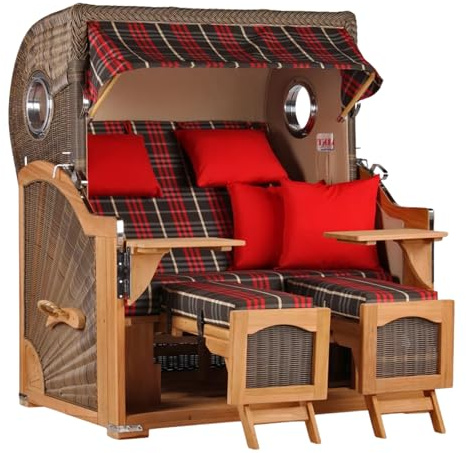 MR. DEKO® Strandkorb Düne Grande XL 2,5-Sitzer Teak | PE Geflecht Grey - Dessin 529 | Volllieger Strandstuhl mit Bullauge inkl. 2 Fußablagen | je 2 Kissen und Nackenkissen | Strandkörbe aus Teakholz