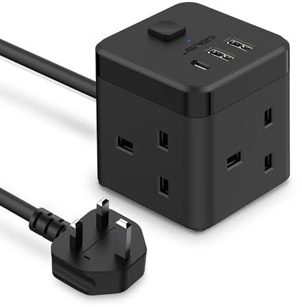 JSVER Cube Extension Lead with 3 USB Ports (5V/2.4A) 3 Outlet Power Strip with Switch Power Socket with 200cm Cable for Home, Office, Hotel, Travel -Black