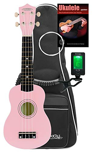 Classic Cantabile US-50 PK Sopran-Ukulele Pink Set, Sopran Mensur (34 | 5 cm), 12 Bünde, Bundmarkierungen im 5., 7. und 10. Bund, Sattelbreite: 35 mm, Offene Stimm-Mechaniken, Weiße Nylon-Saiten