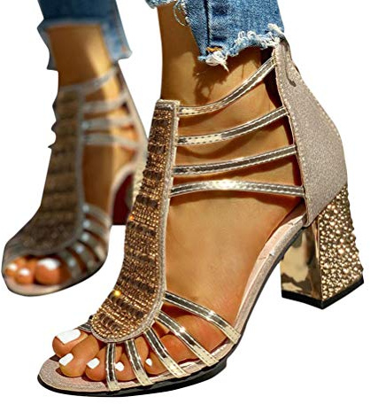 Minetom Sandalias Mujer Bombas Tacones De Bloque Altos Zapatos Verano Con Cremallera Para Fiesta Ocio Boda Noche A Dorado 35 EU