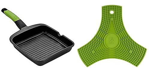 BRA Prior - Grill Asador Con Rayas, Aluminio Fundido Con Antiadherente Teflon Classic, 22 Cc + Salvamanteles, Silicona, Lima, 2 Unidades