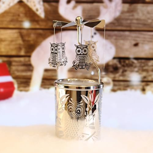 Rotierender Kerzenhalter, Karussell-Teelichter, Kerzenhalter mit Metallaroma, Heimdekoration mit Silberstern-Liebes-Eulenmuster, Geschenk für Hochzeit, Valentinstag, Braut, Frau, Geburtstag