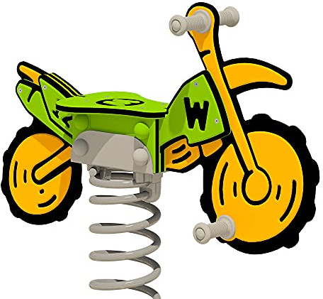 Wickey PRO Federwippe Motorrad Crossey grün/gelb - Federtier Spielplatzgerät - inklusive Bodenplatte - Outdoor Spielplatz Wippe für Kinder - für öffentliche Spielplätze und Schulen