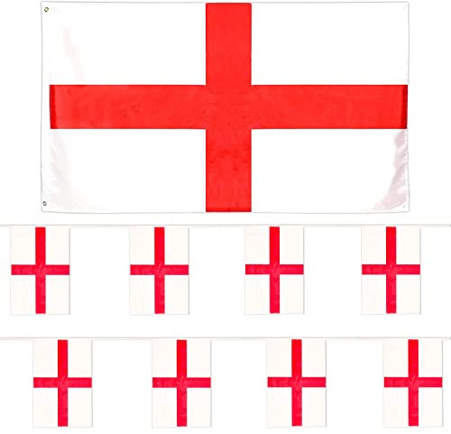 Banderines y banderines de Inglaterra - cruz de San Jorge bandera – Inglés – Todos los climas, aproximadamente 11 m – 24 banderas – Bandera grande 5ft x 3ft – Fútbol – eventos deportivos