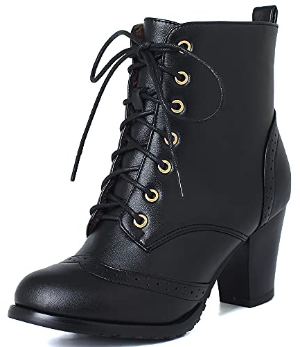 SJJH Bottines à Talon Bloc Avec Laçage Pour Femmes de Mode