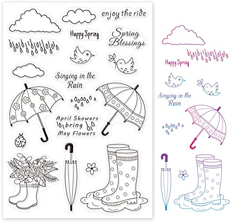 GLOBLELAND Silikonstempel Regenschirm Klare Stempel Regenstiefel, Wolken, Regentropfen und Vogel Transparentes Stempel Siegel Clear Stamps für Kartenherstellung und DIY Scrapbooking Dekor