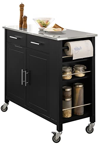 SoBuy Küchenwagen mit Edelstahlplatte Rollwagen mit Seitenregal, Sideboard, Kücheninsel, Küchenschrank & Servierwagen auf Rollen, Mobiler Trolley für Küchenorganisation Schwarz 107x94x46 cm FKW108-SCH