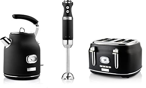 Westinghouse Juego de desayuno Retroline, negro, tostadora, batidora de mano y hervidor eléctrico, 1,7 litros y filtro de cal, tostadora de cuatro ranuras con accesorio para sándwiches, batidora de