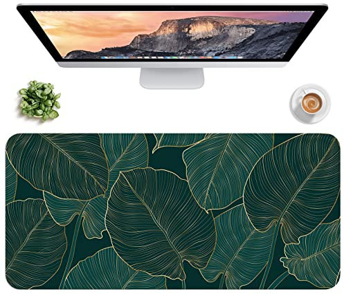 Hsurbtra Schreibtischunterlage, XL Mauspad, 76,2 x 35,6 cm, wasserdichter PU-Leder-Schreibunterlagenschutz,große Laptop-Tastaturunterlage, rutschfeste Tastaturmatte, grüne tropische Blätter