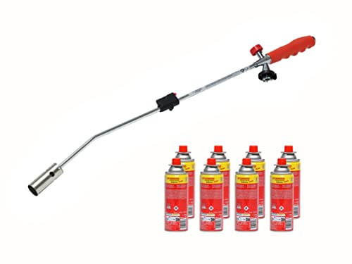 ROTHENBERGER Industrial Unkrautbrenner Unkrautvernichter inkl 8 Butangaskartuschen je 220g, Gasbrenner mit Piezozündung, Abflammgerät Brenner Flamme regulierbar, Grillanzünder