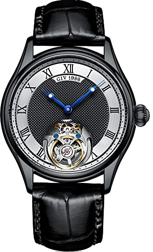 AESOP Tourbillon Men Mechanical Watches Luxury Skeleton Hand Wind Wristwatches Stainless Steel Sapphire Crystal Waterproof Dress Business Watch with Genuine Leather Strap (Black-T09)
