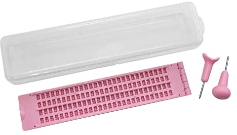 Tavoletta Braille - 4 linee 28 celle con 2 punteruolo in plastica, colore rosa, incluso punteruolo di forma rotonda e a sella per Braille