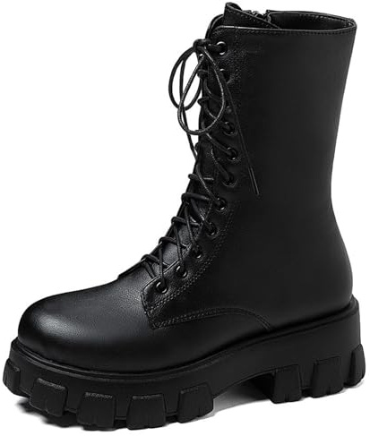 OALEEN Bottes Militaire Femme Hiver à Lacets Talon Carré Effet Cuir Bottines Combat Chaussures Montantes Plateforme Noir 38