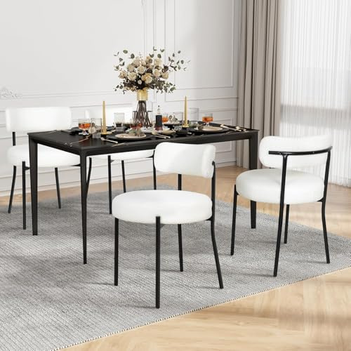ARTETHYS Esszimmerstühle 4er Set Teddy Stoff Runde Boucle Stühle Esszimmer | Dining Chairs mit Abnehmbare Kissen, Metallbeine Schwarz, Geschwungene Rückenlehne, 76 cm Höhe, Für Küche & Wohnzimmer, Beige