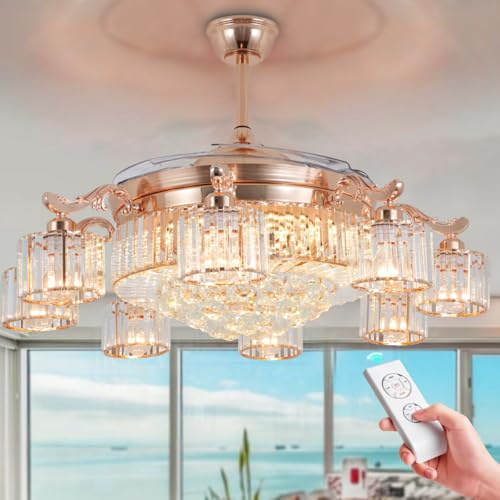 MORE CHANGE 42 Crystal Ceiling Fan with Light and 8 Bulbs Remote Control, Luxury Rose Gold Chandelier Ceiling Fan Retractable Blades 3 Colors Change Modern Fandelier for Living Dinning Room