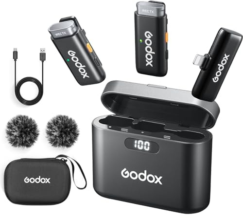 GODOX WES1 KIT2 – Drahtloses Lavalier-Mikrofon für iPhone, MFi-Zertifiziert, ENC-Rauschunterdrückung, professionelle Aufnahme mit 48 kHz/16 Bit, Reichweite 200 m, für YouTube/Interviews (WES1 KIT2)