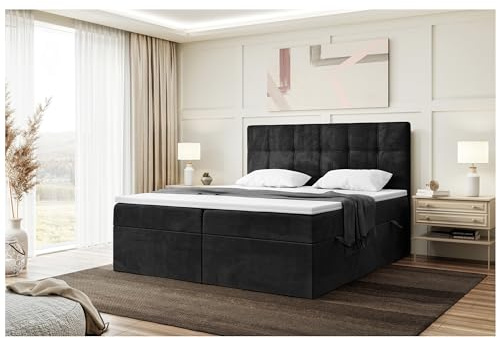 MEBLINI Boxspringbett mit Bettkasten - 140x200 - Gepolstert Doppelbett mit Matratze und Topper - Polsterbett mit Stauraum - Bett mit Kopfteil - Kai - H3/Schwarz Samt