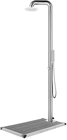 Gecheer Gartendusche 110 x 62 x 5 cm (L x B x T) mit Grauer Bodenplatte Außendusche Pooldusche Campingdusche Camping Pool Außen Dusche Bodenelement 230cm Edelstahl