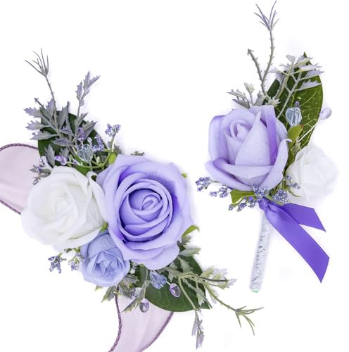 Fnize Purple Corsage and Boutonniere Set for Bride Groom Bridesmaids Groomsmen Wedding Homecoming Flowers Prom Suit Accessories, Rose Boutonniere and Wrist Corsage Flower