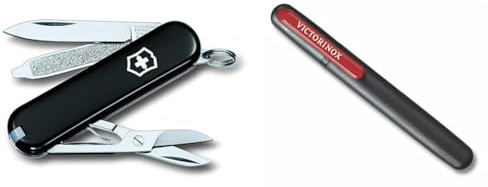 Victorinox, Classic SD, Navaja Multiuso Suiza, Cuchillo bolsillo, Regalo, 7 Funciones, Hoja pequeña & Dual One Size Afilador de cuchillos fabricado en madera y color negro/rojo