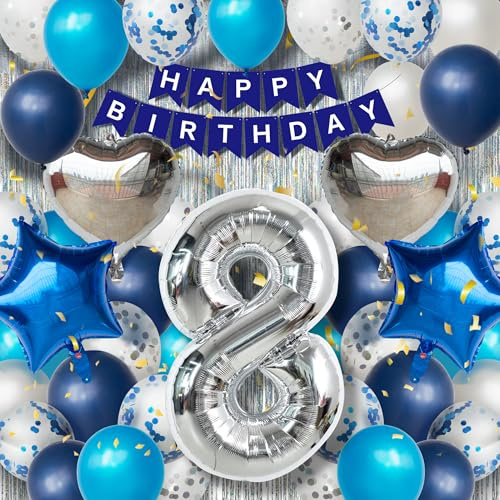 8. Geburtstagsdeko Junge, Blau-Weiß-Silber Luftballons Geburtstag Deko Zubehör Set, Geburtstag Partydekoration für 8 jährige Junge