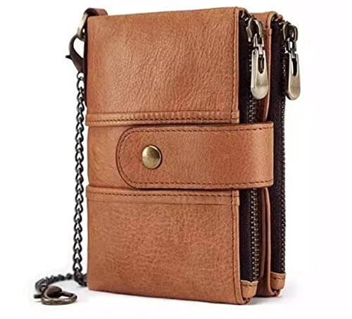 LVUNZJCA Herren-Geldbörse mit Kette Leder-RFID-Herrenbrieftasche Kurzer Herren-Geldbörsenclip mit Münzgeldbörsenkette(Braun)