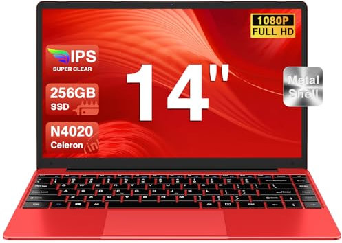 bvate Ordinateur Portable 256 Go 14 Laptop Win 11 N4020 Support Expansion 1 to SSD 1080P 2.4G+5G WiFi Mini HDMI & Souris sans Fil et Membrane du Clavier AZERTY - Rouge
